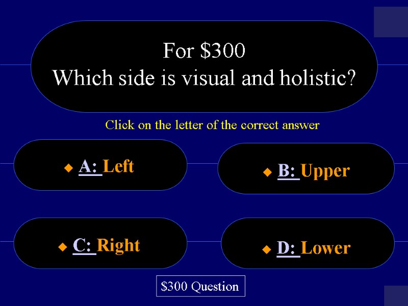 For $300 Which side is visual and holistic?   A: Left  B: